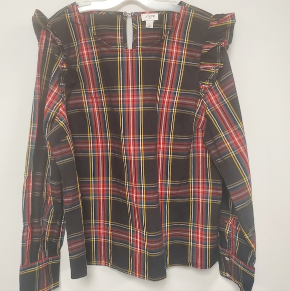 J Crew Tartan Plaid Poplin Ruffle Sleeve Blouse - Picture 2 of 5